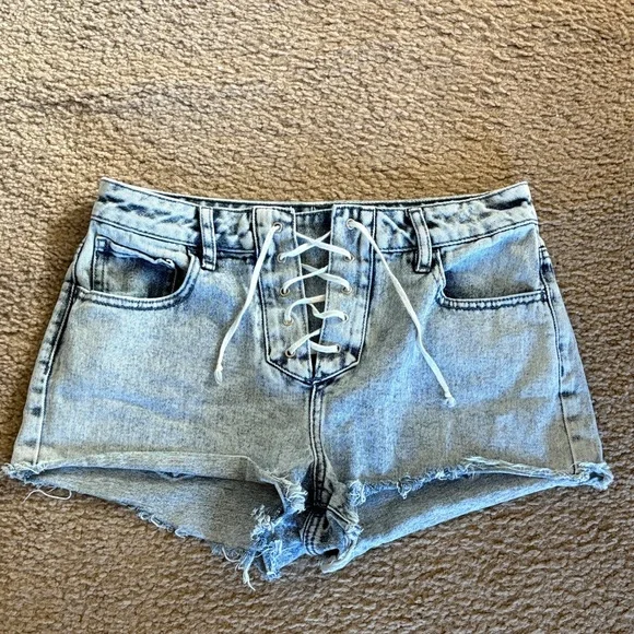 PacSun Light Blue Lace-Up Jean Shorts - Picture 1 of 4